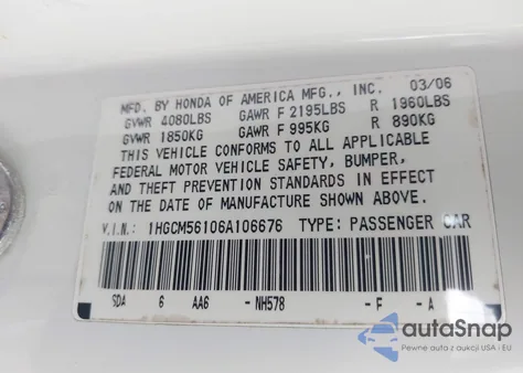 2006 Honda Accord 2.4 Vp z USA, uszkodzony, nr VIN 1HGCM56106A106676